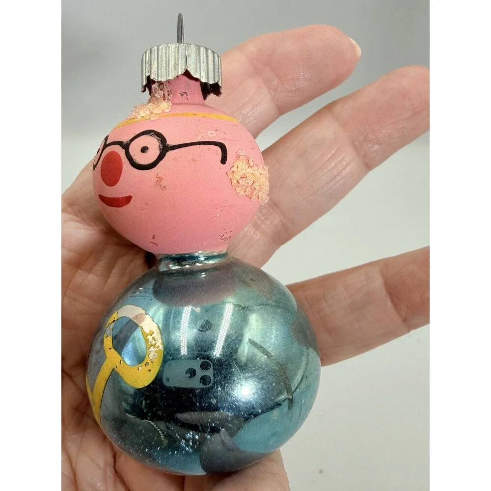 Vintage Shiny Brite Clown Grandparent Key Christmas Glass Ornament USA Pink Blue